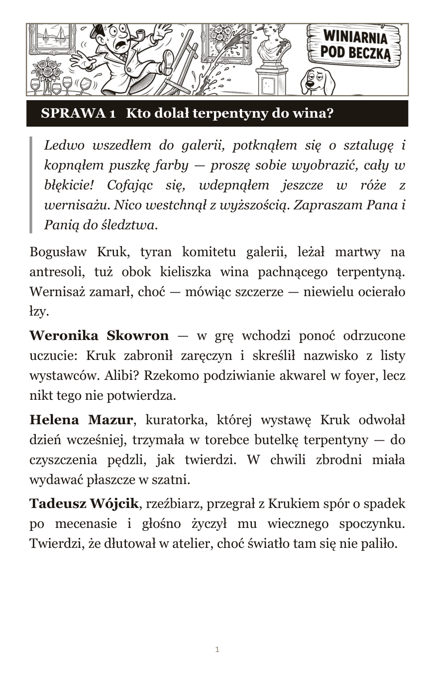 Wnętrze książki z wykreślankami kryminalnymi — strona sprawy z krótkim kryminałem do przeczytania