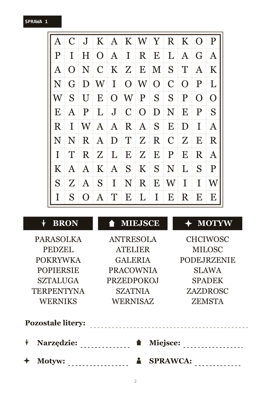 Wnętrze wykreślanki kryminał — diagram liter, w którym szukasz ukrytej broni, miejsca i motywu